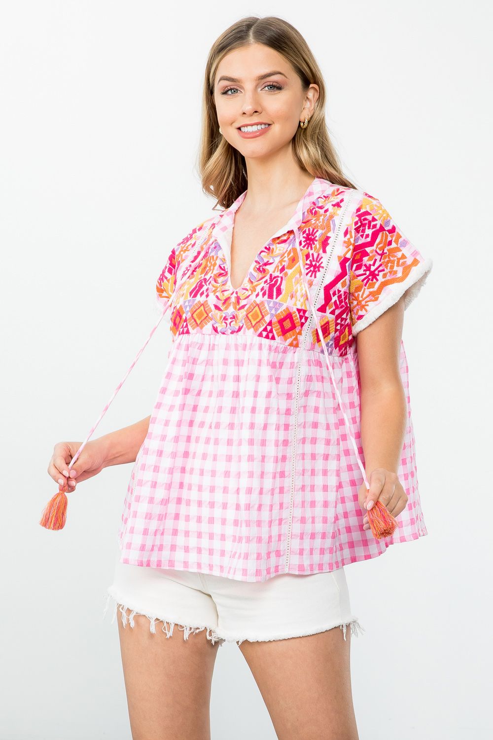Fiesta Embroidered Gingham Babydoll Top