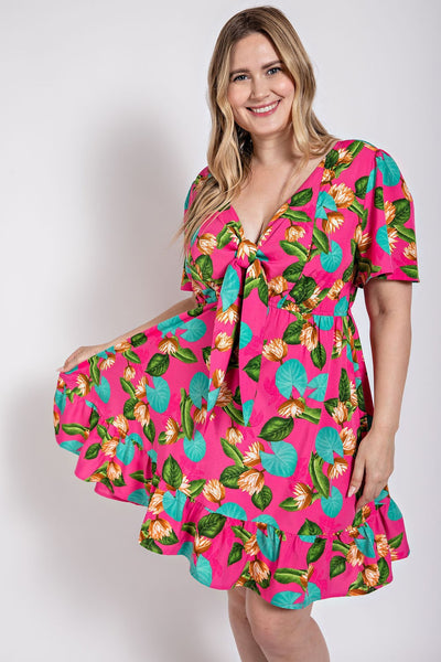 Plus Pink Tropics Flutter Sleeve Dress