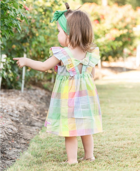 RuffleButts Cheerful Rainbow Plaid Dress