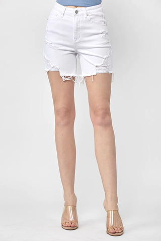 Plus High Rise Distressed Mid Thigh Shorts